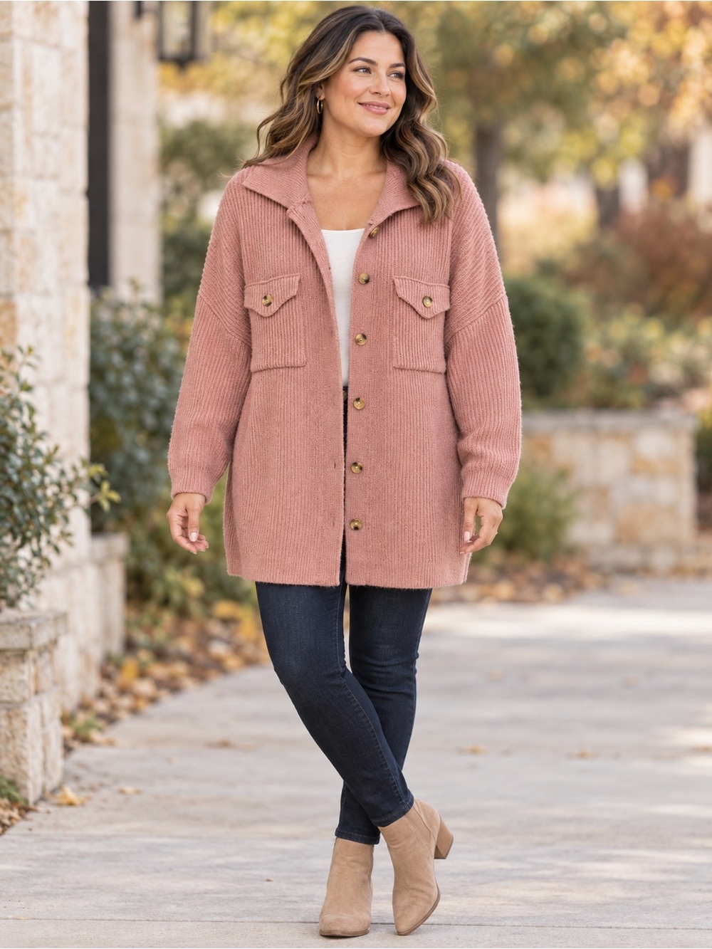 entro Dusty Rose Teddy Shacket with Button Front